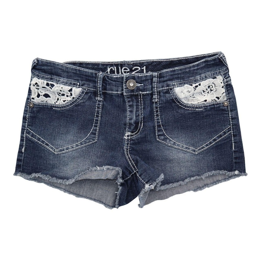 Vintage Y2K Rue21 Curvy Denim Shorts Raw Hem White Lace Trim Cutoffs Size 9/10